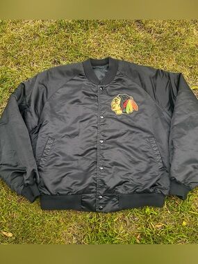 90s VTG Chicago Blackhawks NHL Hockey Black Snap-Front Jacket with Logo